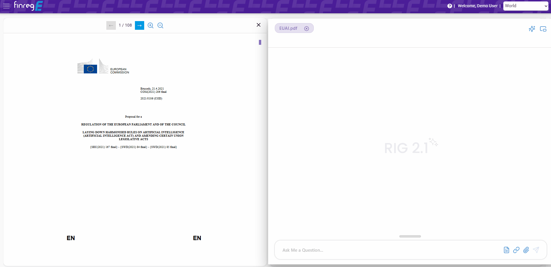 FinregE's AI RIG summarising the EU AI ACT document along with obligation extraction and action management